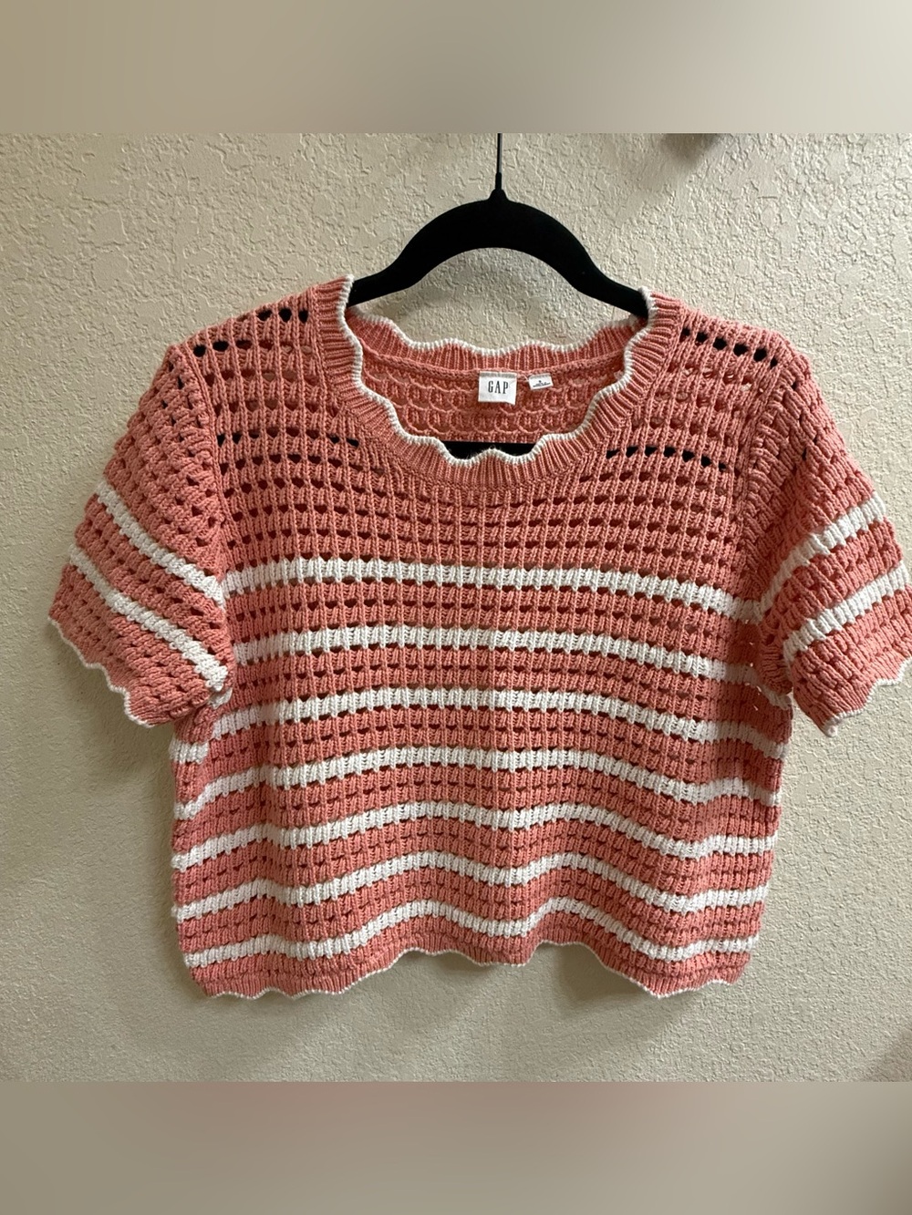 GAP Coral and White Striped Open-Knit Short-Sleeve Scalloped Edge Sweater